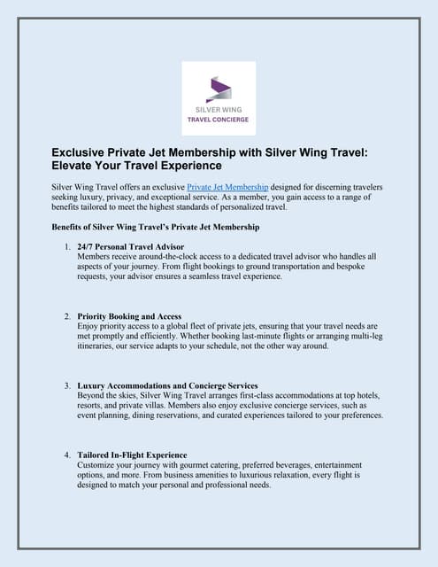 Exclusive Private Jet Membership with Silver Wing Travel:  Elevate Your Travel Experience | PDF